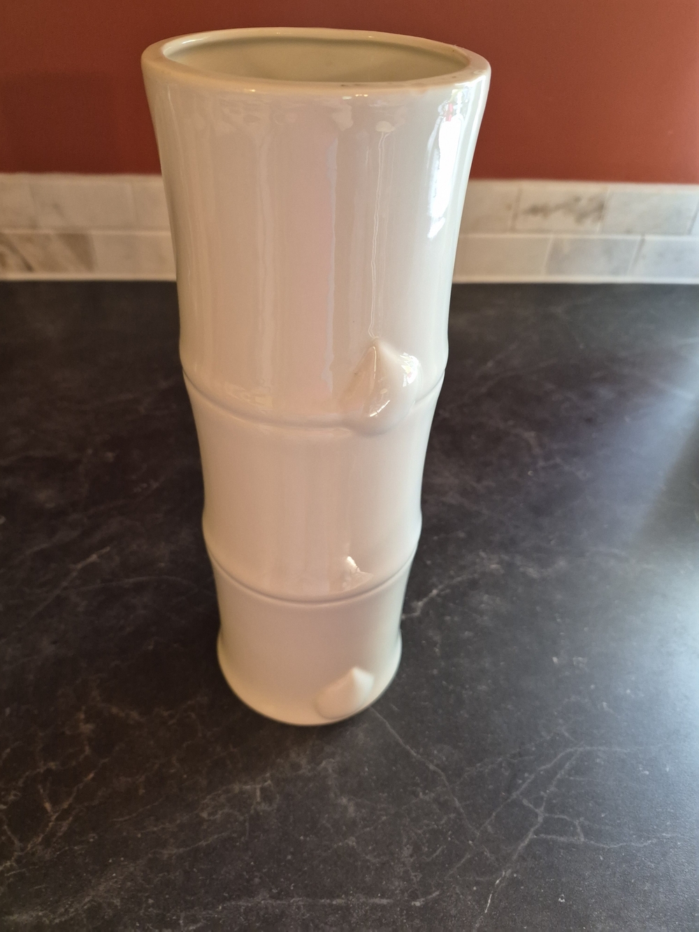 Vintage MCM Cream Faux Bamboo Ceramic Cylinder Vase Stalk